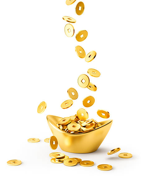 Gold Coins Dropping on Gold Sycee - Yuanbao Gold coins dropping on gold sycee ( yuanbao ) isolated on white background chinese yuan coin stock pictures, royalty-free photos & images