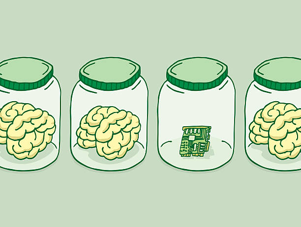 Artificial intelligence or digital brain Cartoon illustration of artificial intelligence besides brains in jars brain jar stock illustrations