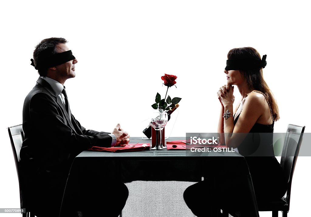 couples lovers blind date dating dinner silhouettes couples lovers dinning blind date in silhouettes on white background Blind Date Stock Photo