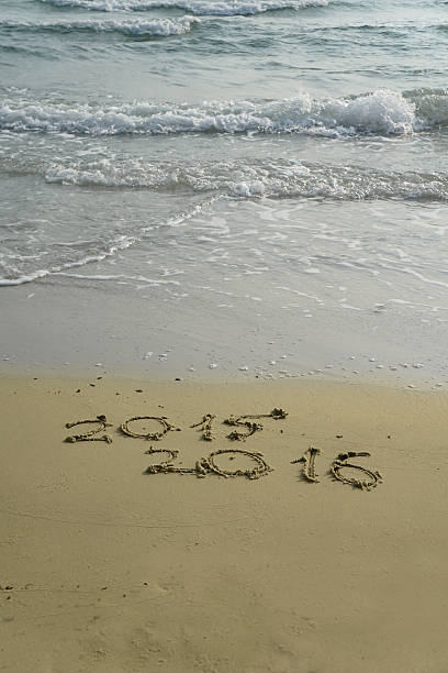 istock 2015 and 2016 year on the sand beach 500770952