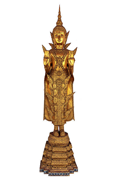 istock Golden Thai buddha standing isolated on white background 500771812