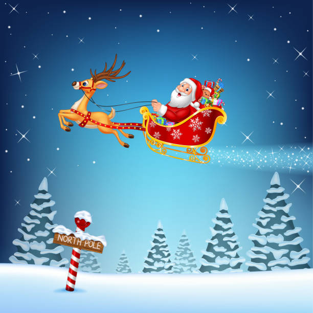 ハッピークリスマスサンタのそりされている彼のトナカイ - christmas santa claus north pole snow点のイラスト素材／クリップアート素材／マンガ素材／アイコン素材