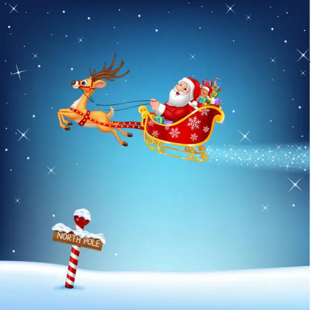 Vector illustration of Happy Santa in his Christmas sled being pulled by reindeer