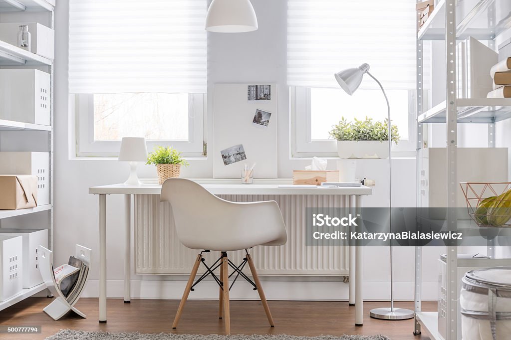 Study area in teenager room Picture of simple white study area in teenager room Home Office Stock Photo