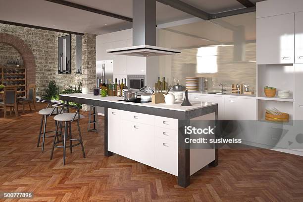 Modern Luxury Openplan Kitchen Stock Photo - Download Image Now - Herringbone, Parquet Floor, Flooring