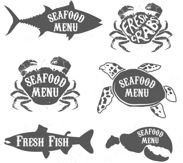 ilustrações de stock, clip art, desenhos animados e ícones de marisco rótulos de menu - sea ideas concepts crab