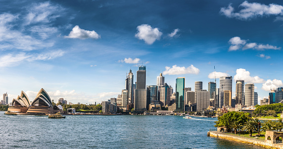 Cityscape of Sydney Downtown in a beautiful day. CBD and Sydney Harbor.