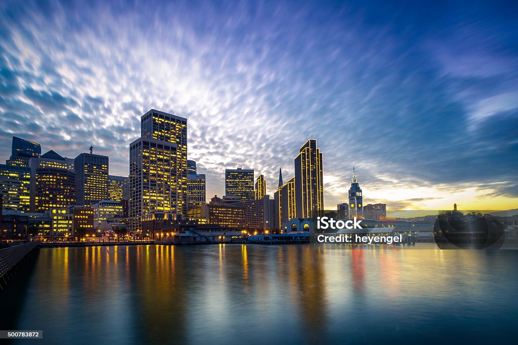 San Francisco Embarcadero at Night Ferry Building and Embarcadero Center illuminated at night in San Francisco, California, USA Silicon Valley Stock Photo