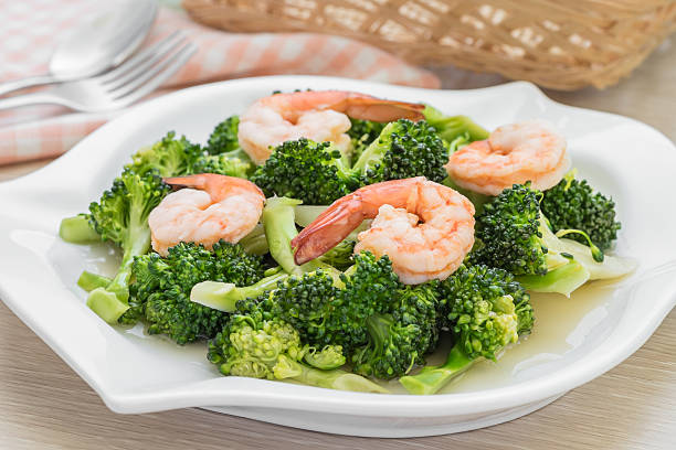 istock Stir fried broccoli with shrimp on plate 500784898