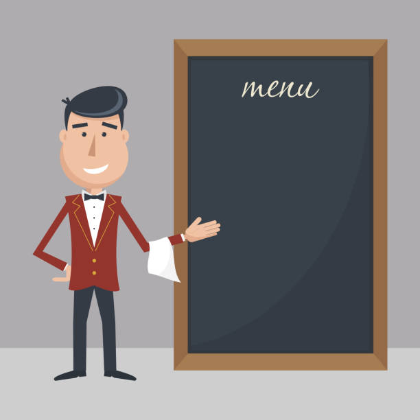 забавный мультяшный официант с меню. - greeting welcome sign waiter butler stock illustrations