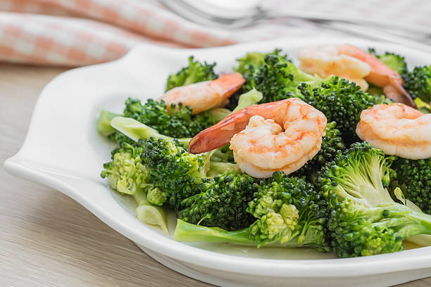 istock Stir fried broccoli with shrimp on plate 500785074