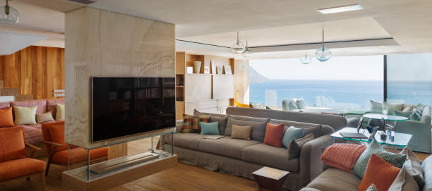 istock Modern living room with ocean view 500786221