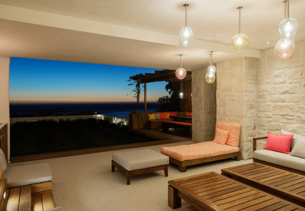 istock Luxury patio overlooking ocean at night 500786285