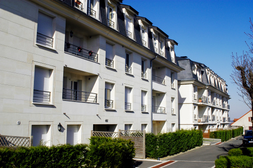 nine buildings in the Paris region with row of street