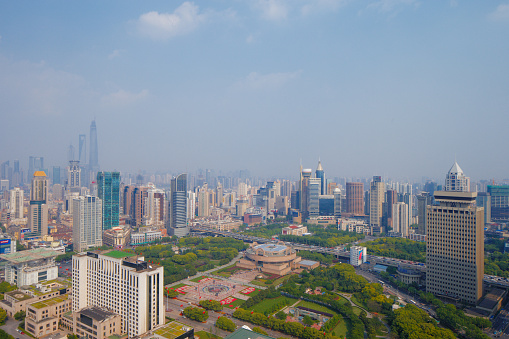 Shanghai, China - May 1, 2014: People's Park, Shanghai, China. A view of the city skyline on a relatively clear day