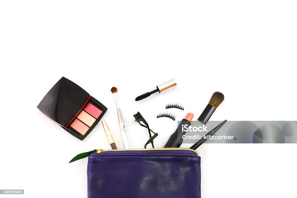 make up bag with cosmetics make up bag with cosmetics and brushes isolated on white Adult Stock Photo