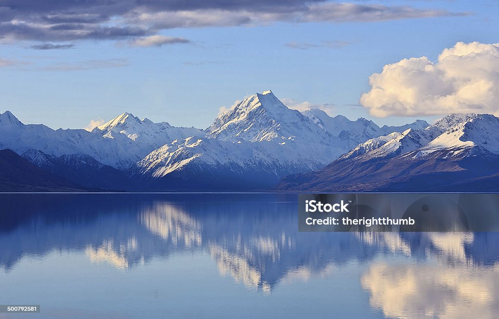 Mighty Mountain Reflection A panorama of the highest mountain in New Zealand, Mount Cook, reflected on Lake Pukaki. Mountain Stock Photo