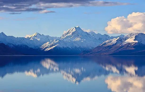 A panorama of the highest mountain in New Zealand, Mount Cook, reflected on Lake Pukaki.
