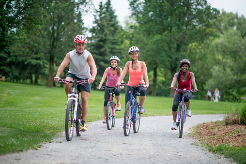 A multi-ethnic group of adults are ridding bikes on a path through the park.