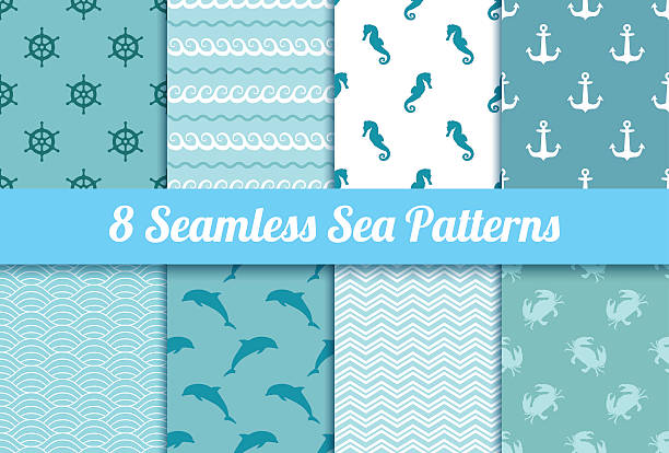 illustrazioni stock, clip art, cartoni animati e icone di tendenza di set di seamless pattern di mare. onda, ancore, delfini, granchio, bovino - nautical vessel wave pattern old fashioned summer