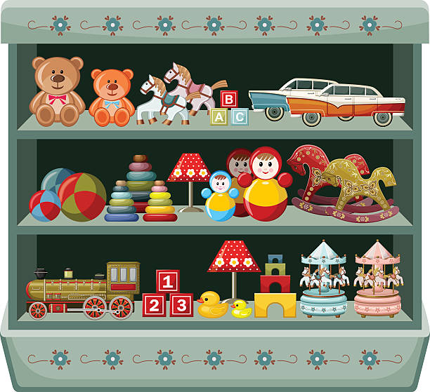 Vintage toys shop. Shelves. Vector illustration Wooden show-window of shop with vintage toys. Vector illustration toy store stock illustrations