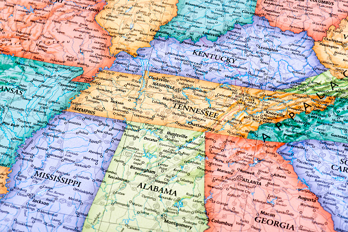 Map of Tennessee and Kentucky States in USA. Detail from the World Map.