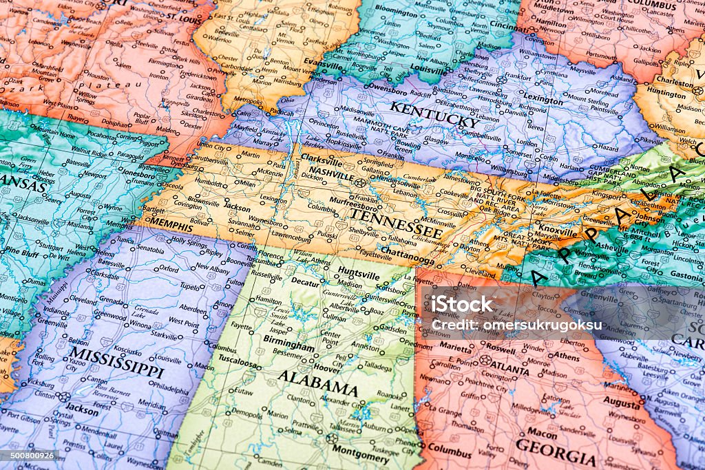 Map of Tennessee and Kentucky States Map of Tennessee and Kentucky States in USA. Detail from the World Map. Map Stock Photo