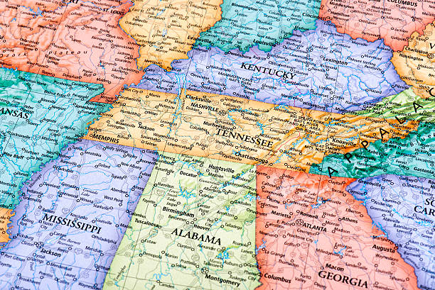 Map of Tennessee and Kentucky States Map of Tennessee and Kentucky States in USA. Detail from the World Map. alabama us state stock pictures, royalty-free photos & images