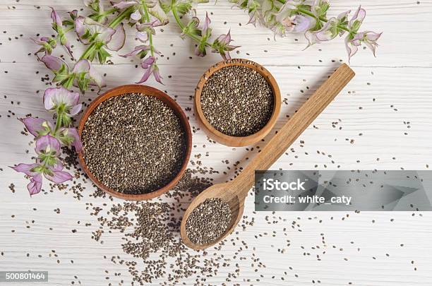 Chia Seed Healthy Super Food With Flower Over White Stock Photo - Download Image Now