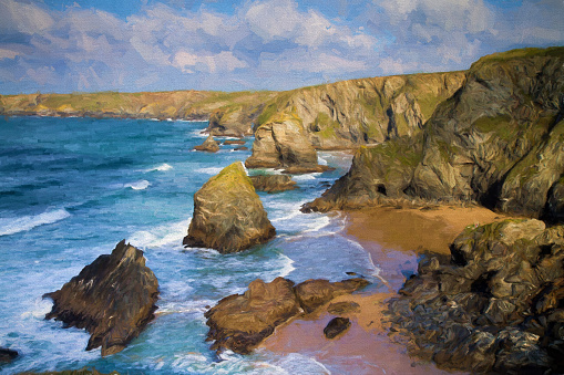 Bedruthan Steps North Cornwall coast between Padstow and Newquay England UK popular Cornish tourist attraction illustration like oil painting