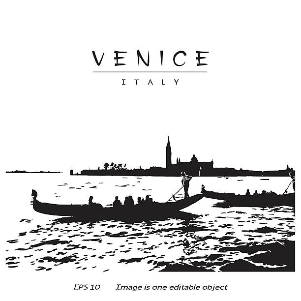 illustrations, cliparts, dessins animés et icônes de venise, en italie. canal avec deux télécabines et silhouette de l'église - gondolier