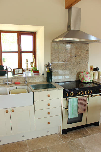 istock Country kitchen, cream Shaker doors, double Belfast sink, gas range-cooker 500803597