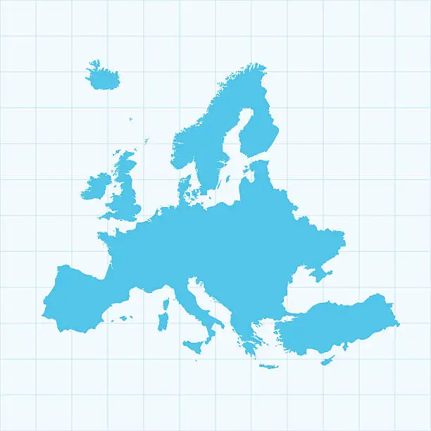 Vector illustration of Europe map on grid on blue background