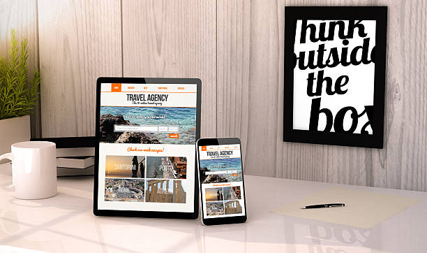 istock desktop tablet and phone travel agency website on screen 500804902