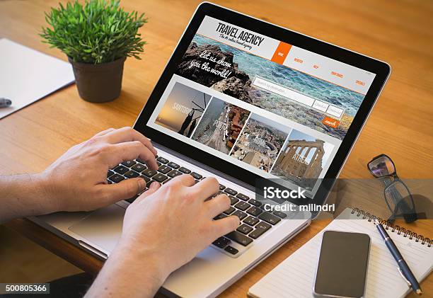 Computer Desktop Travel Agency Stock Photo - Download Image Now - Travel Agency, Web Page, Internet