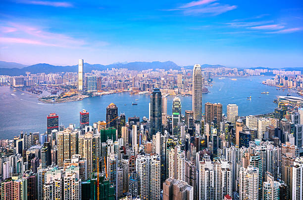 홍콩 스카이라인을 황혼 - night sky hong kong architecture 뉴스 사진 이미지