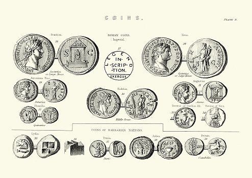 Vintage engraving of Ancient Roman Coins showing the head sof various Roman Emperors.