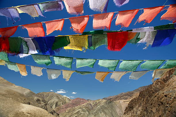 Prayer flags in Indian Himalaya stock photo