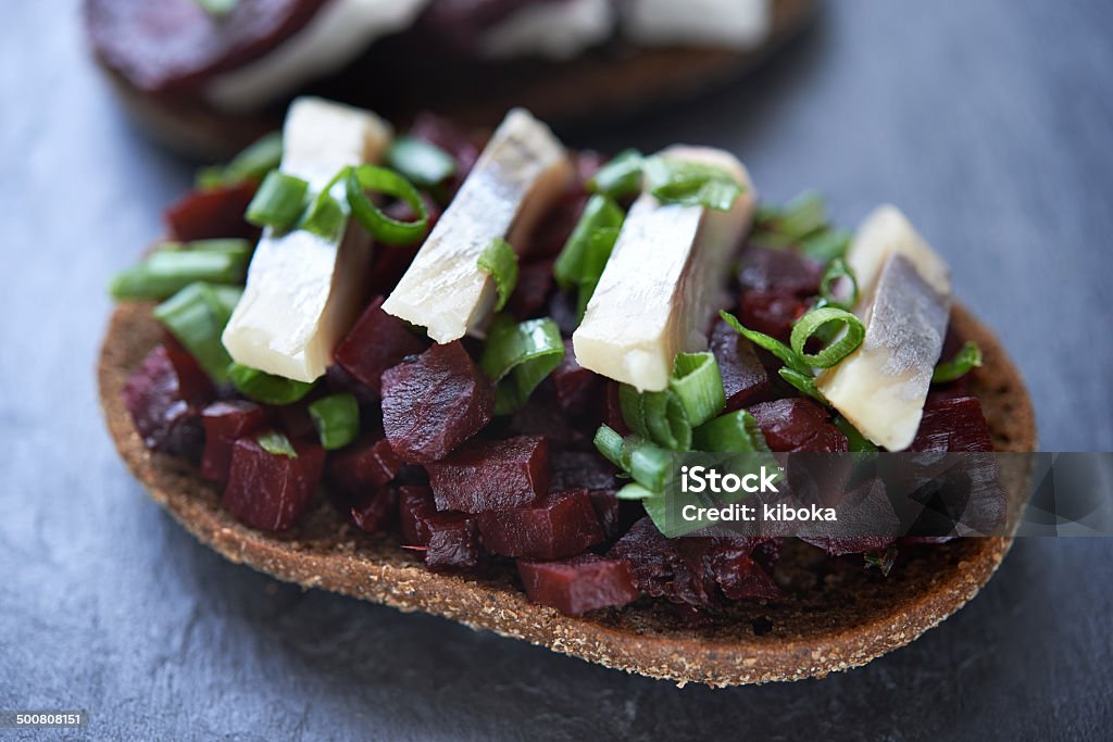 open danish sandwich open sandwich with beet and herring Antipasto Stock Photo