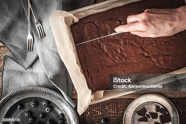 Cutting Chocolate Brownie Horizontal Stock Photo - Download Image Now - 2015, American Culture, Baked
