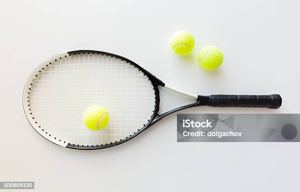 Close Up Of Tennis Racket With Balls Stock Photo - Download Image Now - Still Life, Tennis, 2015