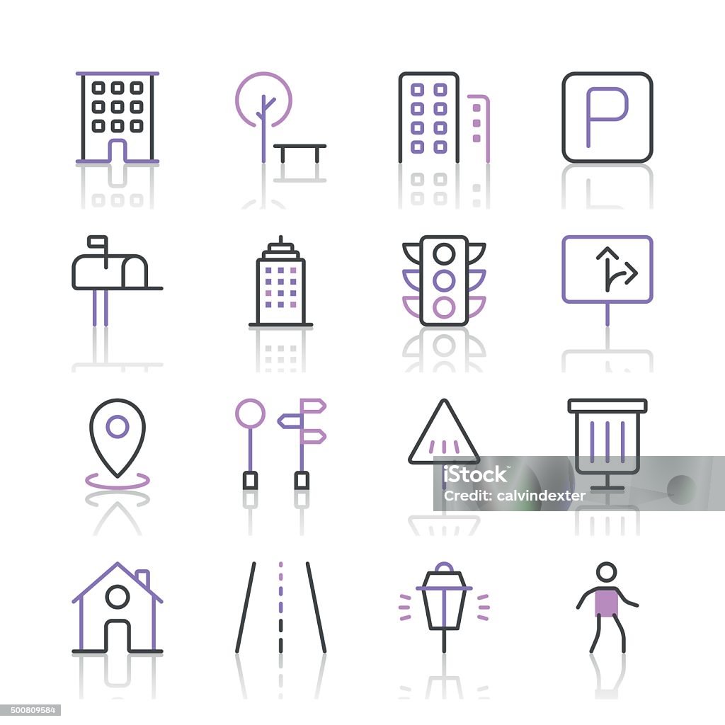 City Icons set 1 | Purple Line series Set of 16 professional and pixel perfect icons ready to be used in all kinds of design projects. EPS 10 file. Street Light stock vector