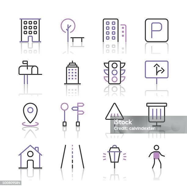 City Icons Set 1 Purple Line Series Stock Illustration - Download Image Now - Street Light, 2015, Adult