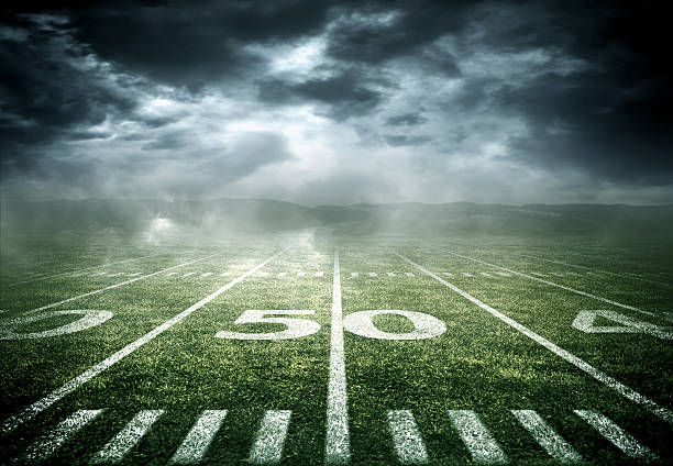 The yard lines painted on a football field centered at the 50 yard line shot aerially from directly overhead.