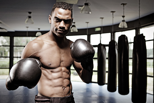 Male fighter in fighting stance in a dojo