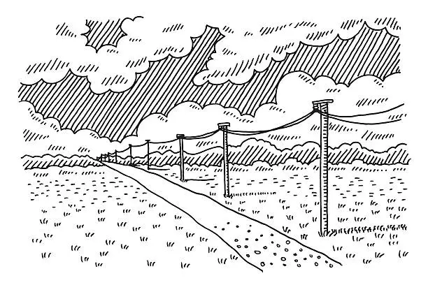 Vector illustration of Rural Landscape Road Telephone Poles Drawing