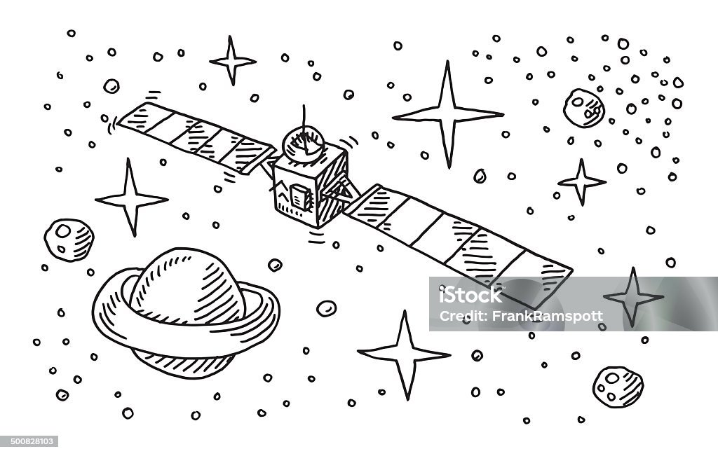 Satellite Space Stars Planet Drawing Hand-drawn vector drawing of a Satellite in Space with Stars and a Planet. Black-and-White sketch on a transparent background (.eps-file). Included files are EPS (v10) and Hi-Res JPG. Satellite stock vector