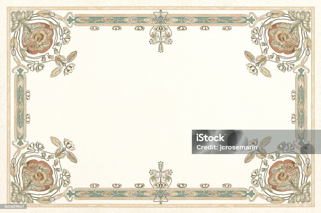 Art Noveau Floral Frame Work Ornaments from: Naturalistics – Coloured templates in English character for ceiling and wall painting for practical use and suitable for every room.  Illustrated with 20 chromolithographs. Published in 1899 by Carl Lange (Berlin) Border - Frame stock illustration