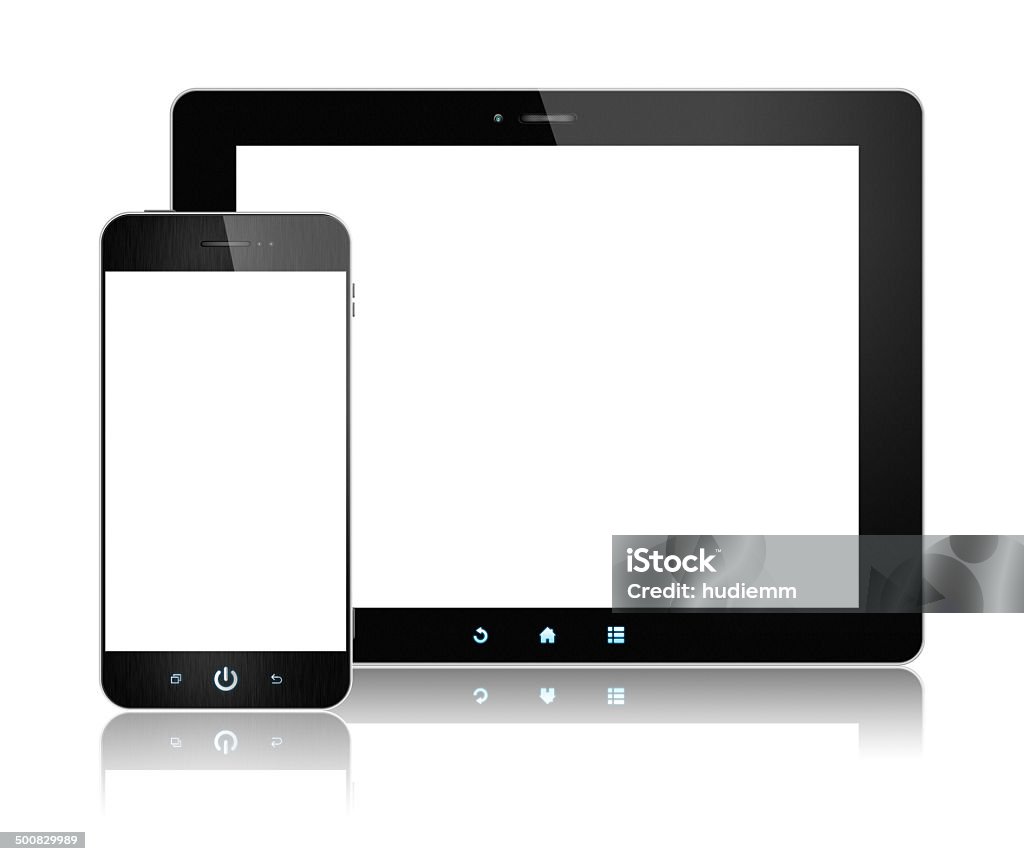 Digital Tablet PC and Smart Phone isolated on white background Black Color Stock Photo