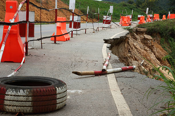 broken road by landslide stock photo